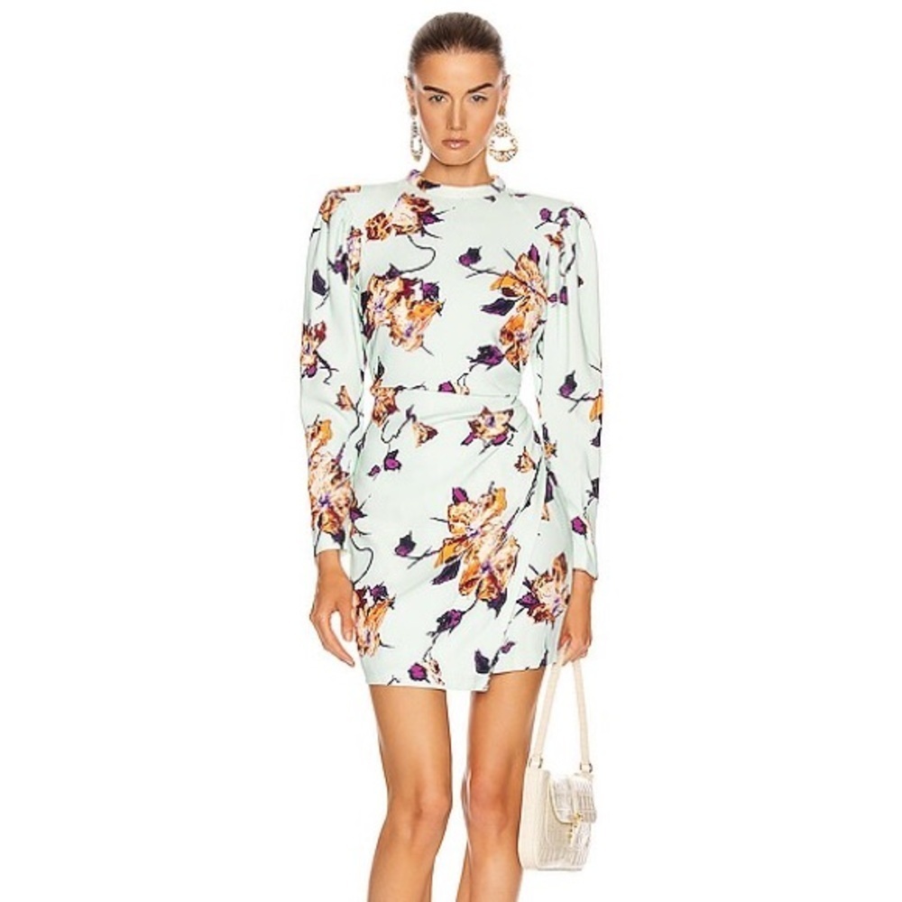 ALC Mint Green Abstract Floral Puff Sleeve Ruched Mini Dress - US 6 / Small
